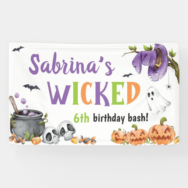 Wicked Witch Cat Halloween Birthday Party, Any Age Banner (Horizontal)