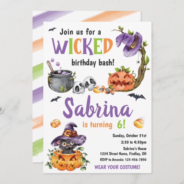 Wicked Witch Cat Halloween Birthday Party, Any Age Invitation (Front/Back)