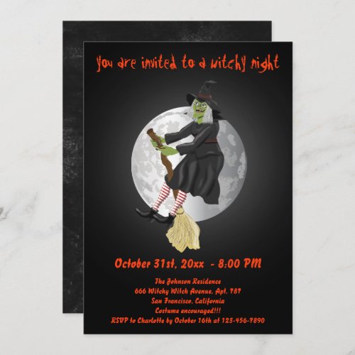 Wicked Witch Flying On A Full Moon Halloween Night Invitation