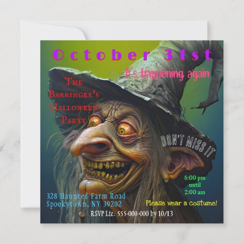 Wicked Witch Freaky Scary Adult Halloween Party  Invitation