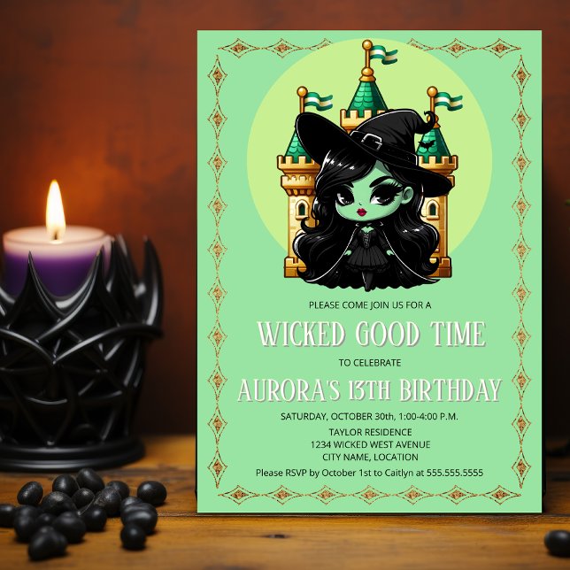 Wicked Witch Good Time Party Invitation (Adorable little green witch and castle party invitation front view.)