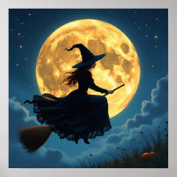 Wicked Witch on a Broom at Full Moon