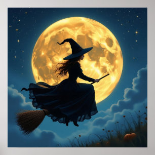 Wicked Witch on a Broom at Full Moon Poster
