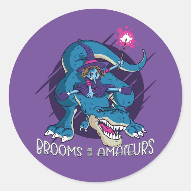 Wicked Witch On T-Rex Illustration Halloween  Classic Round Sticker (Front)