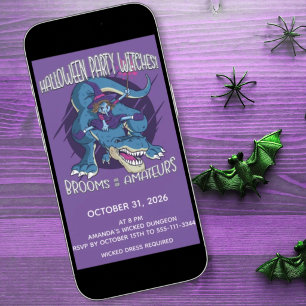 Wicked Witch On T-Rex Illustration Halloween Party Invitation
