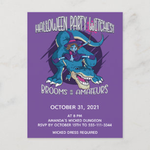 Wicked Witch On T-Rex Illustration Halloween Party Invitation Postcard