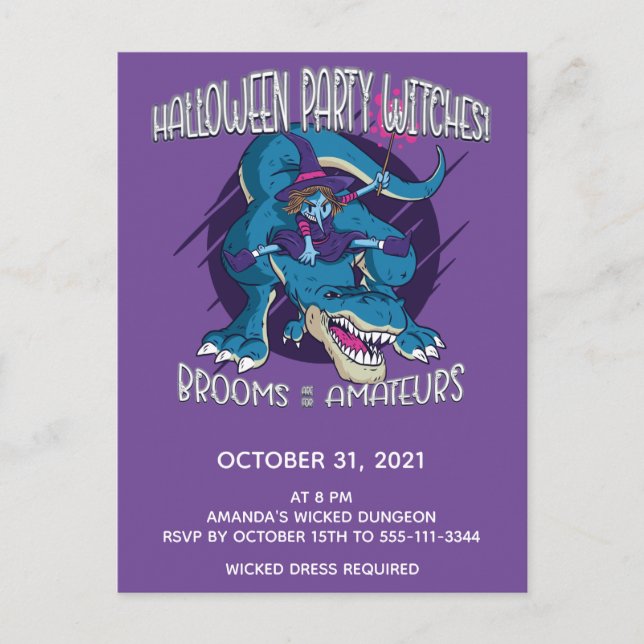 Wicked Witch On T-Rex Illustration Halloween Party Invitation Postcard (Front)