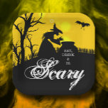 Wicked Witch Silhouette Halloween Paper Plates<br><div class="desc">A wicked witch and her cauldron,  a black bat,  picket fence and bare tree silhouetted against a spooky sky these Halloween party square paper plates feature the words "Eat,  Drink & Be Scary." MATCHING items in our store.</div>