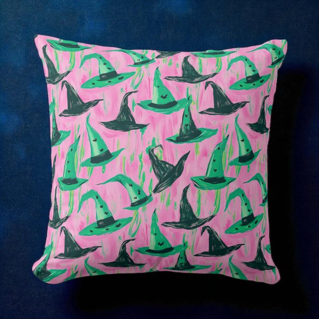 Wicked Witch Vibe Pink Green & Black Witch Hats Throw Pillow (Creator Uploaded)