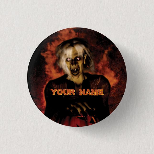 Wicked witch with pumpkin. Halloween Button (Front)