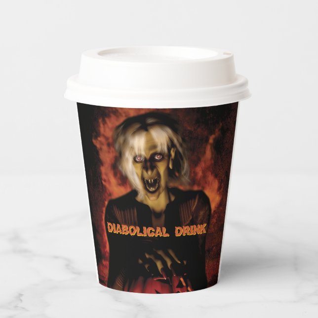 Wicked witch with pumpkin. Halloween Paper Cups (Front)