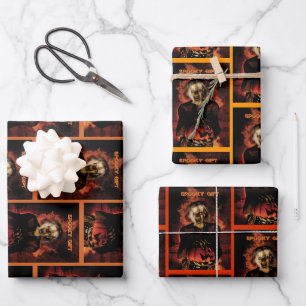 Wicked witch with pumpkin. Halloween Wrapping Paper Sheets