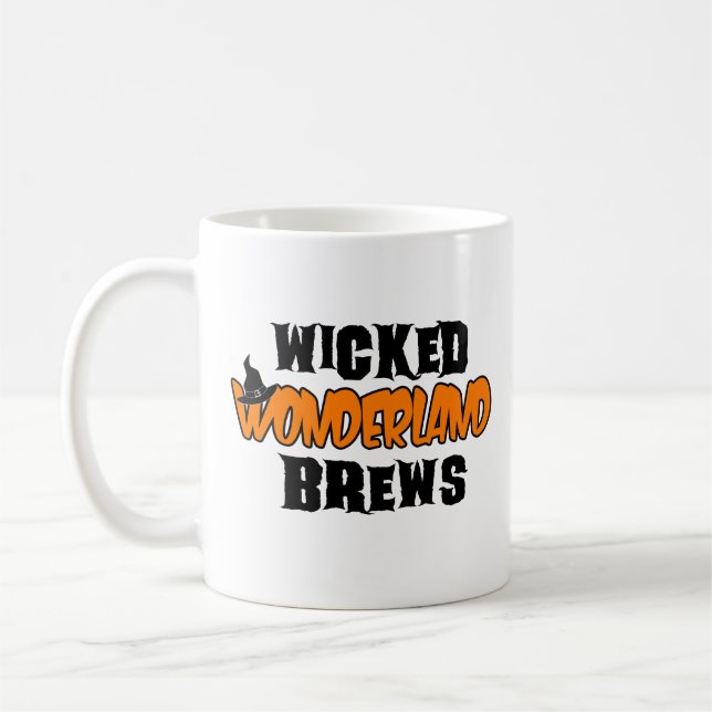Wicked Wonderland Brews Funny Halloween Coffee Mug (Left)
