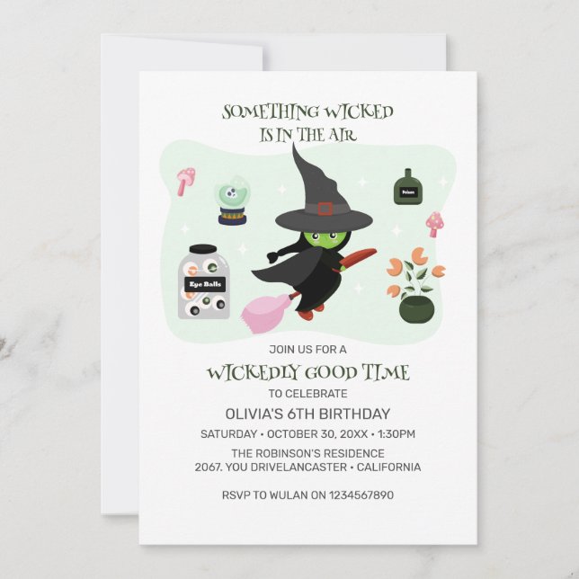  Wickedly Cute Green Witch Birthday Party Invitation (Front)