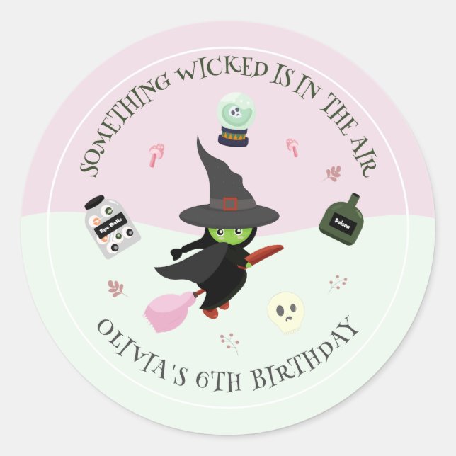  Wickedly Cute Green Witch Halloween Birthday Classic Round Sticker (Front)