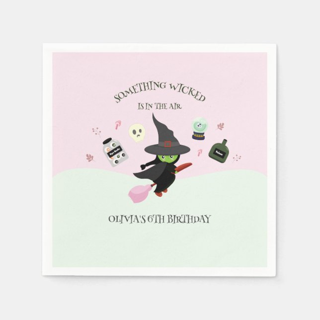  Wickedly Cute Green Witch Halloween Birthday Napkins (Front)