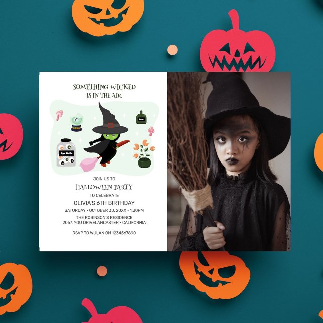 Wickedly Cute Green Witch Halloween Birthday Photo Invitation (Creator Uploaded)