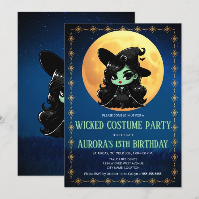 Wickedly Fun Green Witch Halloween Birthday Invitation (Front/Back)