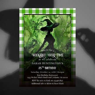 Wickedly Good Witch Green Plaid Birthday Party Invitation