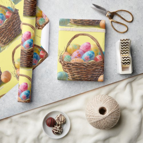 Wicker Basket  Colorful Egg Designs Wrapping Paper