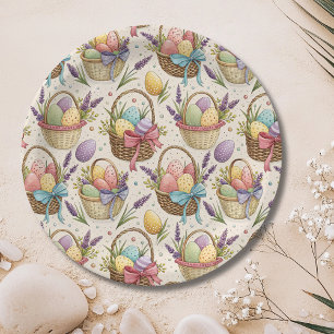 Wicker Basket Easter Eggs with Lavender Paper Plates