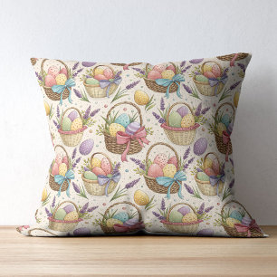 Wicker Basket Easter Eggs with Lavender Throw Pillow