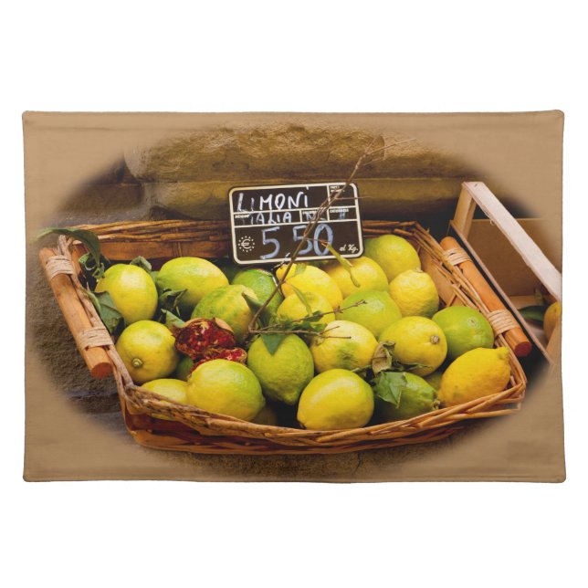 Wicker Basket of Italian Lemons at Market Cloth Placemat (Front)