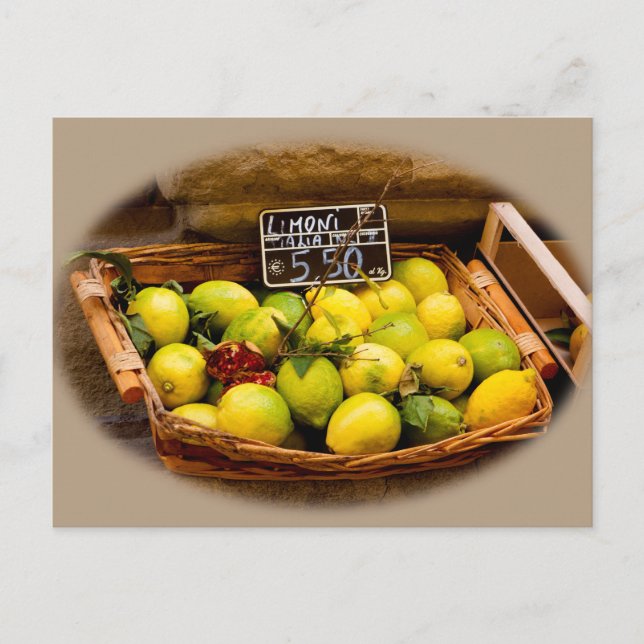Wicker Basket of Italian Lemons at Market Postcard (Front)