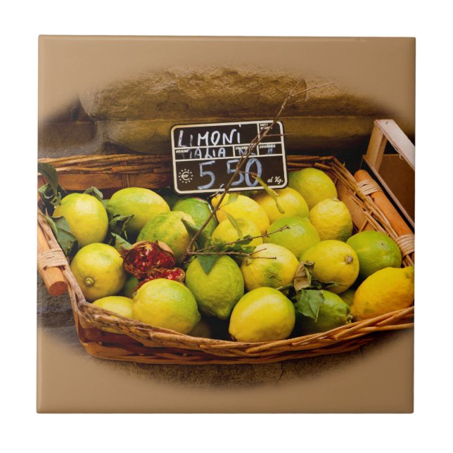 Wicker Basket of Italian Lemons at Market Tile (Front)