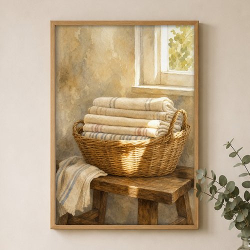 Wicker Basket with Linens Watercolour Poster