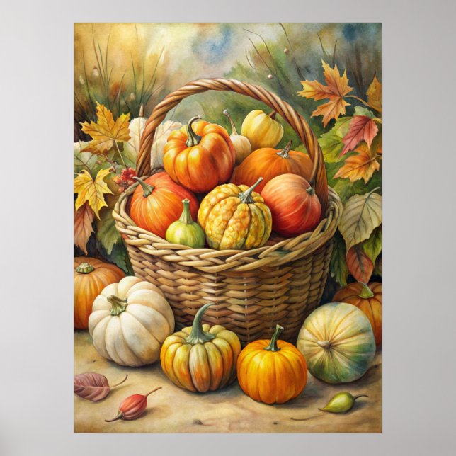 Wicker Basket with Pumpkins Fall Poster (Front)