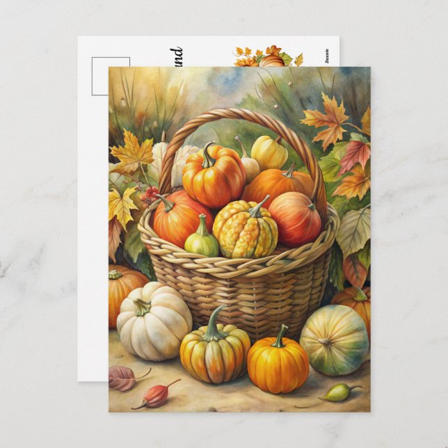 Wicker Basket with Pumpkins - Welcome Fall Holiday Postcard (Front/Back)