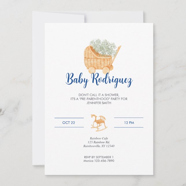 Wicker Carriage & Rocking Horse Baby - Blue Invitation (Front)