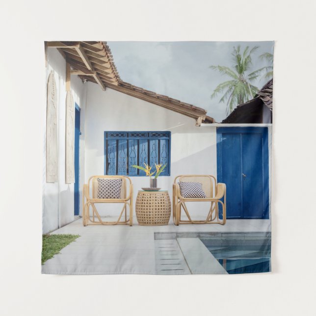 Wicker table and two chairs near swimming pool tapestry (Front)
