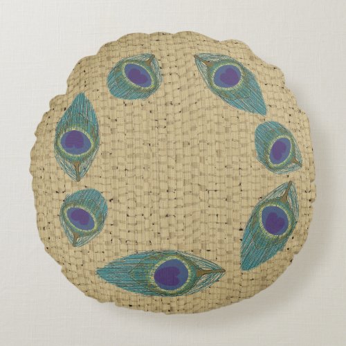  wicker weave peacock feather Round Pillow