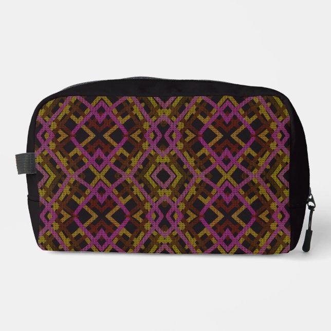  Wicker Weave Pink Yellow on Black Pattern Dopp Kit (Front)