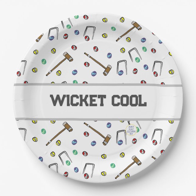 Wicket Cool Croquet Pun Hand-Illustrated Unique Paper Plates (Front)