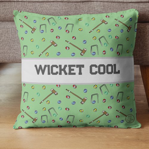 Wicket Cool Croquet Pun Hand_Illustrated Whimsical Throw Pillow