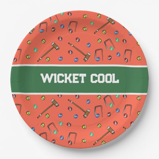 Wicket Cool Cute Croquet Hand-Illustrated Orange Paper Plates (Front)