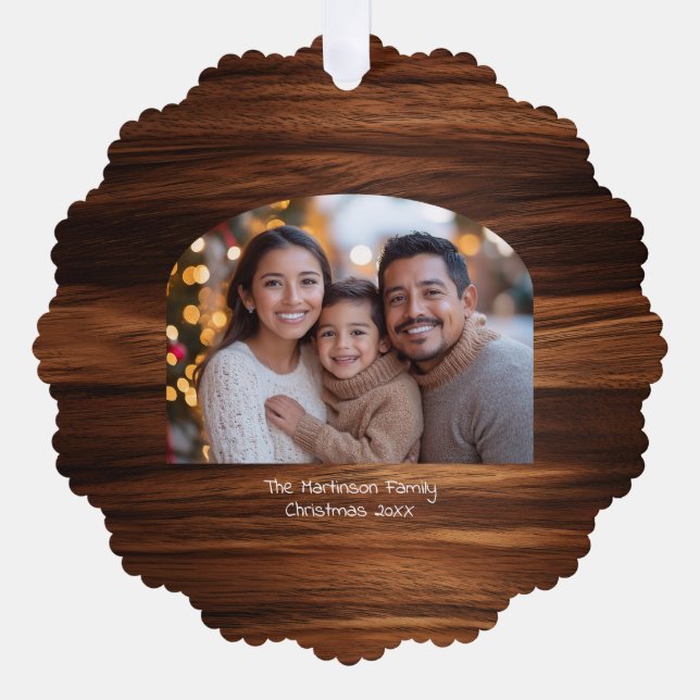 Wide Arch Family Christmas Photo Woodgrain Ornament Card (Front)