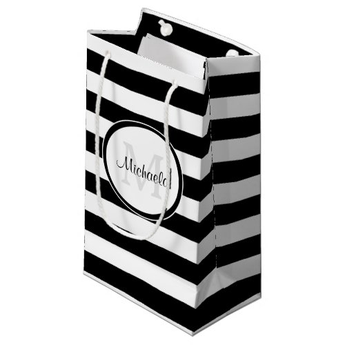 Wide Black and White Stripes and Casual Name Small Gift Bag