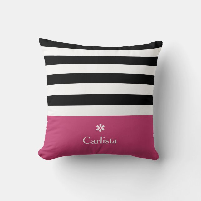 Wide Black Horizontal Stripes Dark Pink Name Daisy Throw Pillow (Front)
