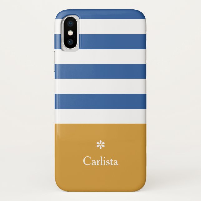 Wide Blue Horizontal Stripes Gold Name and Daisy Case-Mate iPhone Case (Back)