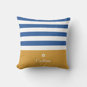 Wide Blue Horizontal Stripes Gold Name and Daisy Throw Pillow