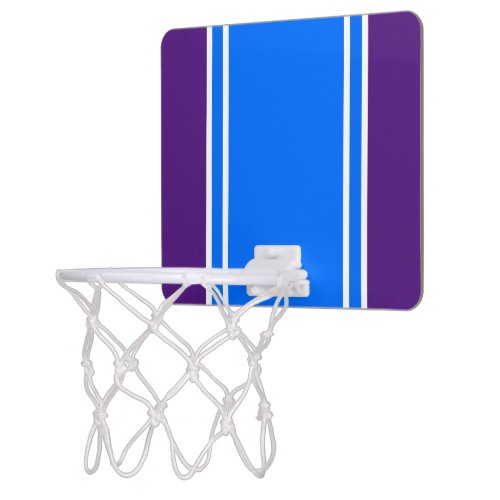 Wide Bright Blue Twin White Stripes On Bold Purple Mini Basketball Hoop