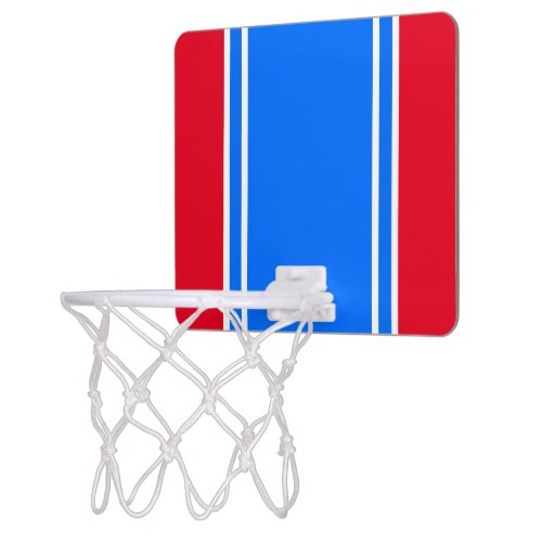 Wide Bright Blue Twin White Stripes On Sporty Red Mini Basketball Hoop