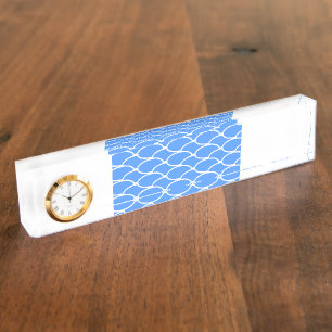 Wide Bright Blue Waves Pattern On White Clock Desk Name Plate