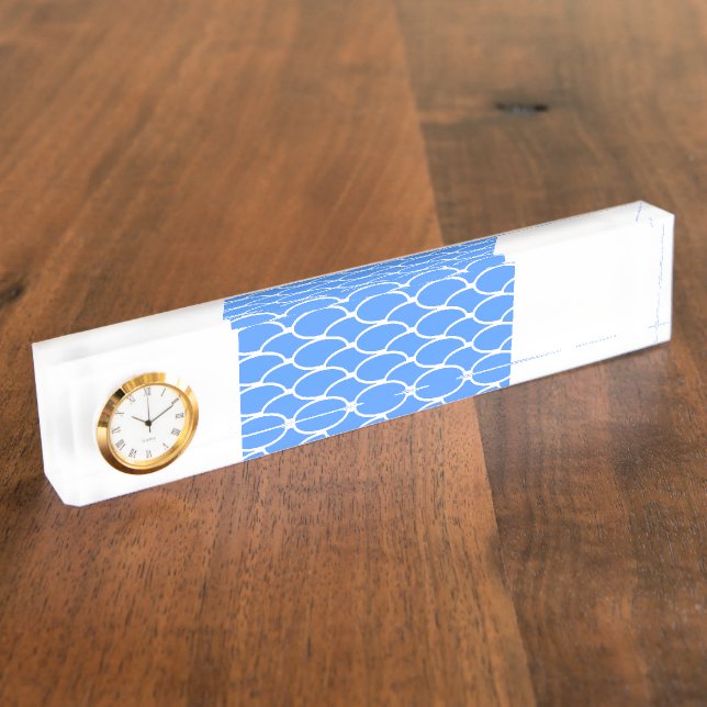 Wide Bright Blue Waves Pattern On White Clock Desk Name Plate (Side)