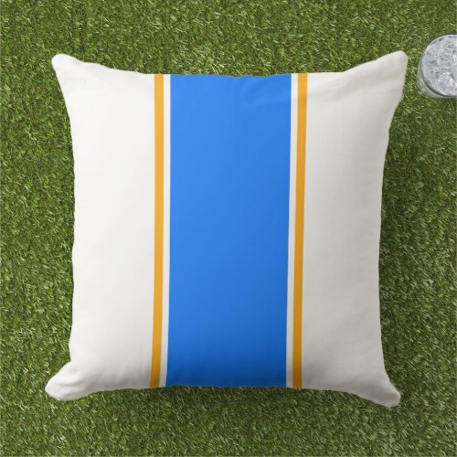 Wide Bright Blue Yellow Racing Stripes On White Outdoor Pillow