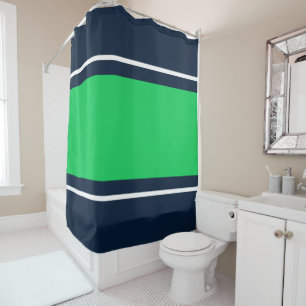 Wide Bright Green White Navy Blue Racing Stripes Shower Curtain